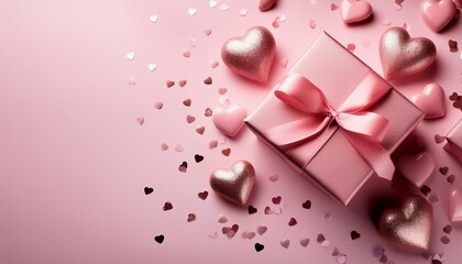 pink gift box with ribbons on light pink background with shiny hearts floating around greeting or advertising card design with copy space