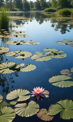 Naklejka premium Water lily pads floating on a serene wetland pond under a clear blue sky, serenity, aquatic plants