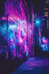 Neon-lit urban alleyway graffiti art, city night background, website design