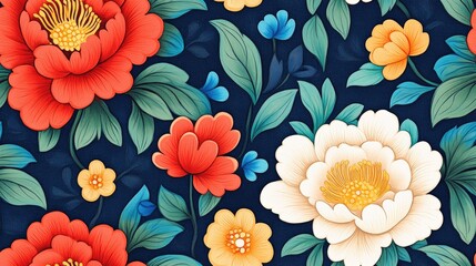 A seamless floral design featuring brightly colored flowers and green leaves against a dark elegant backdrop. Ideal for textiles, wallpapers, or digital projects needing refined floral aesthetics.