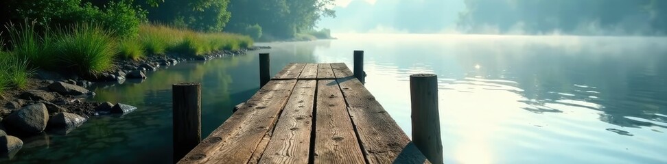 Naklejka premium Water's gentle lapping against weathered wooden docks, calm water, riverbank vegetation, misty morning