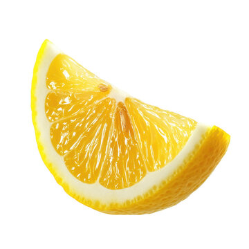 Juicy lemon wedge levitating, isolated on transparent background in PNG, with copy space