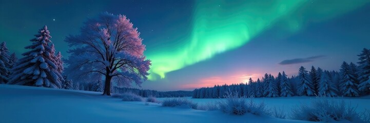 Fototapeta premium Snowy trees and bushes glisten under the ethereal glow of the northern lights, peaceful, northern lights, tree