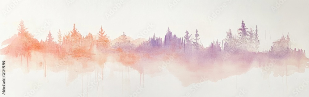 Poster delicate coral and purple landscape with pencil strokes illustrating trees and mist in a serene sett