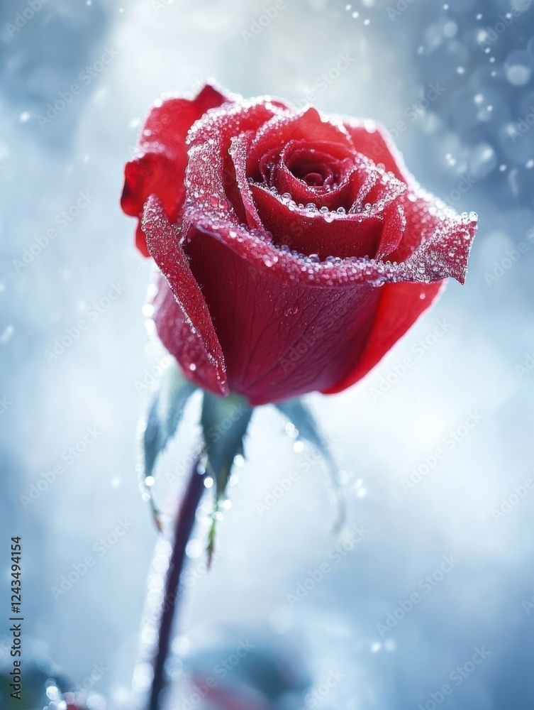 Poster Close-up view of a striking red rose adorned with dew drops in a serene environment