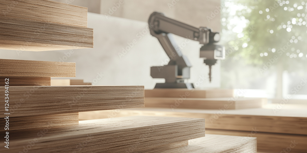 Poster robotic arm operates on custom wooden stair components in modern workshop