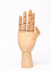 Wooden hand model with finger pose sign number four isolated on white background. Copy space for text.For graphic design,3D rendering or banner background
