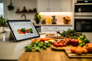 Digital meal planning and nutrition tracking on tablet in modern kitchen