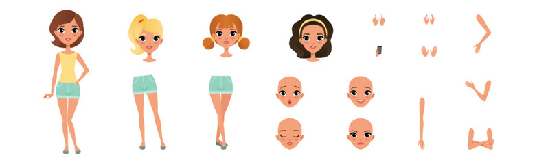 Woman Character with Separate Body Parts Vector Set