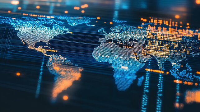 Digital world map overlaid with fake headlines spreading globally - Powered by Adobe