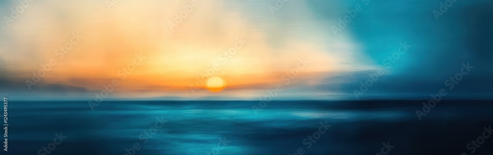 Poster Vibrant golden bokeh effect highlights the sunset at the ocean, creating a mesmerizing abstract atmosphere filled with colors