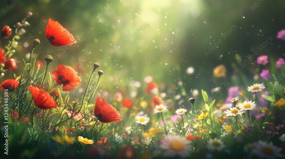 Poster Enchanting close-up of colorful spring field filled with blooming flowers and sunlight in a serene natural setting