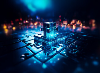 Futuristic blue cube glows atop puzzle pieces, illuminated against a dark bokeh backdrop, hinting at connection and technological progress.