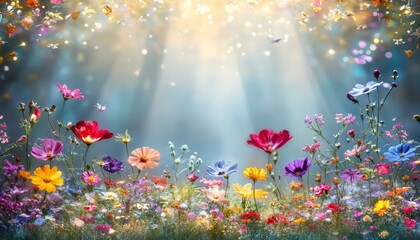 Summer Meadow in Sunlight Vibrant Wildflowers, Lush Green Grass, and Sparkling Bokeh