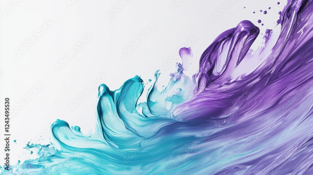 Poster colorful waves of purple and turquoise paint creating an abstract composition on a white canvas surf