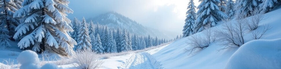 Steep hillside covered in a blanket of snow and frosty branches, wilderness, winter, nature