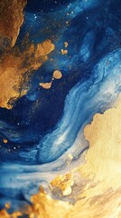 Vibrant gold and blue abstract bokeh art with swirling patterns created through a textured layering technique