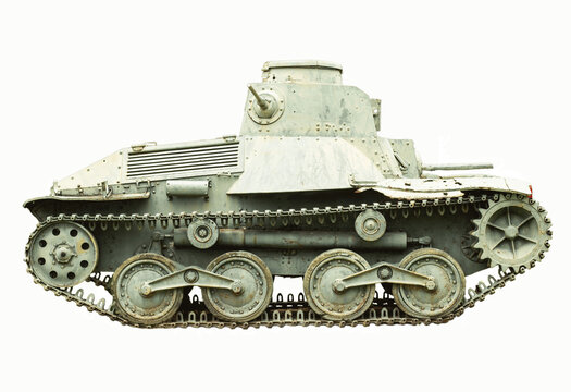 Old armored military tank with heavy armor and tracks, green camouflage, armed with a cannon,isolated on transparency background