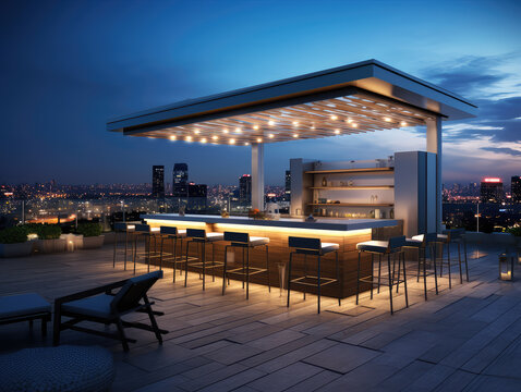 Rooftop bar with city skyline at night, illuminated with stylish design and elegant atmosphere