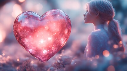 Woman gazes at a glowing heart-shaped nebula.