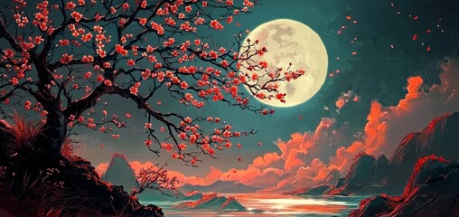 Tranquil scene of cherry blossoms under a full moon