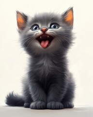 Adorable fluffy gray kitten with bright blue eyes and playful expression, showcasing happiness and curiosity in a soft light background