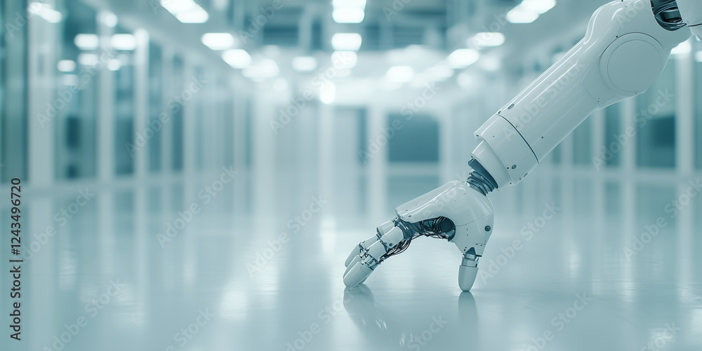 Poster robotic arm in clean, minimal environment, showcasing advanced technology and precision