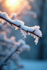 Sunlight catches frosty snow-covered branches, frost, icicles, branch