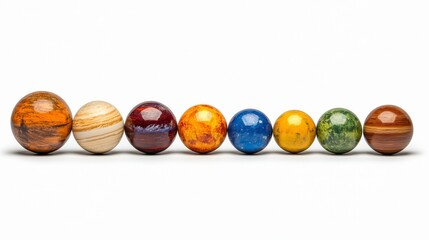 Obraz premium Colorful Glass Spheres Representing Planets in a Row on White Background