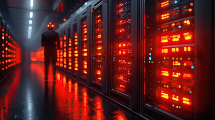Mysterious figure with glowing red eyes walking through a high-tech data center at night