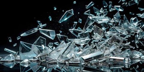 Shattered glass fragments scattered on a dark black background, glass shards, debris