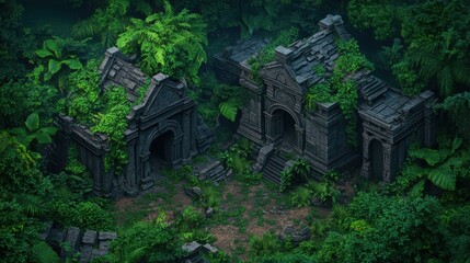 Battlemap of Ancient Ruins Surrounded by Lush Green Jungle Landscape Scene