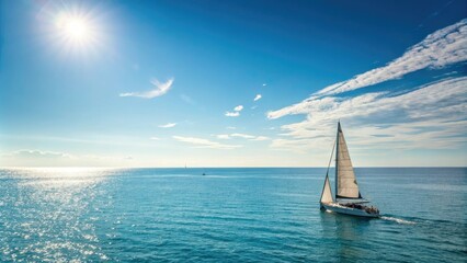 Obraz premium Sunny Day Over Azure Horizon with Sailboat, sailboat, blue summer sky, clear blue, serene landscape, peaceful atmosphere