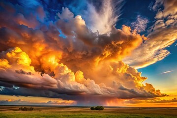 Fototapeta premium Sunset over a vast landscape with towering cumulus clouds, scenery, sunset, weather, natural light