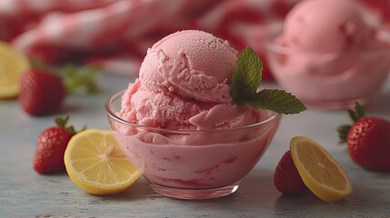 Delicious pink strawberry ice cream served in a bowl with fresh strawberries and lemon slices