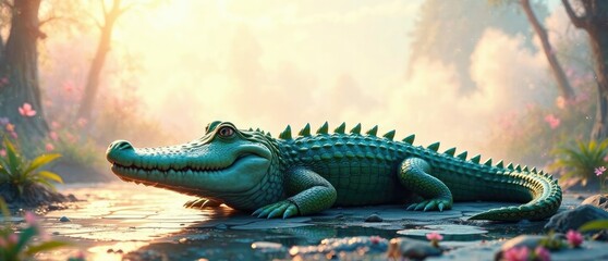 Fototapeta premium whimsical crocodile with a dreamy background and shimmering light, delicate paint, shimmering light
