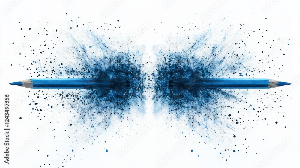 Poster abstract representation of pastel blue pencil strokes creating an artistic explosion effect