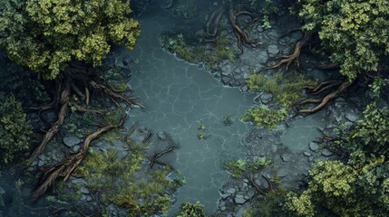 Battlemap of Serene Forest Water Pool Surrounded by Lush Greenery and Roots