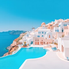 Obraz premium Vibrant Tapestry of Oia Town on Santorini Island, Greece Cascading Down Cliffside Against Azure Backdrop of Aegean Sea