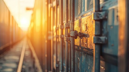 Obraz premium close up of freight container being sealed at sunset, showcasing intricate details of lock and warm glow of sun. scene evokes sense of industry and transport