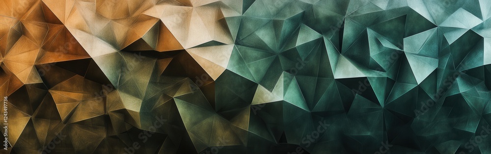 Poster Low-poly abstract pattern in forest green and warm tones creating a dynamic visual texture for modern design applications