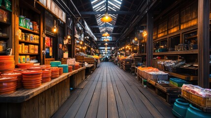 Fototapeta premium Vibrant Market Scene with Wooden Paths and Dim Lighting Atmosphere