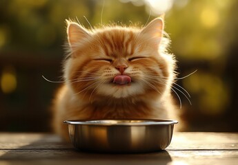 Adorable fluffy orange cat licking its lips in delight while sitting in front of a shiny metal food bowl on a wooden surface with a soft background