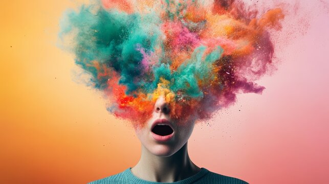 Young woman with an exploding head made of colorful powder is screaming with an open mouth, depicting information overload, burnout, stress, and mental health issues