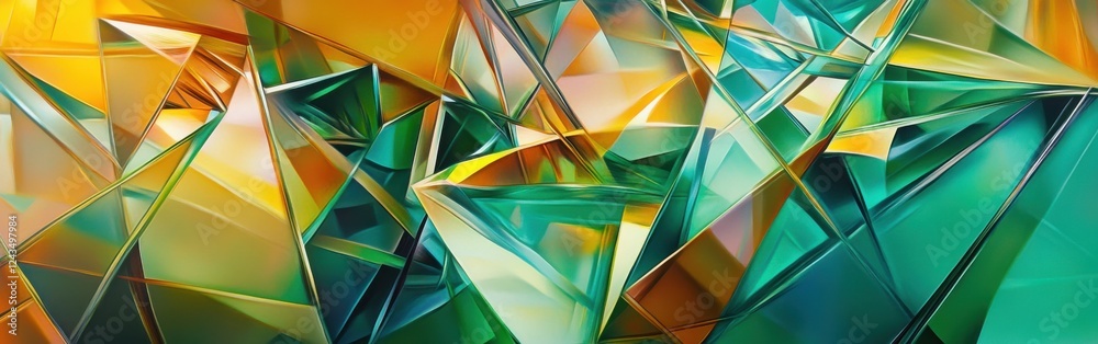 Poster translucent abstract design featuring sharp angles and vibrant colors in a dynamic composition