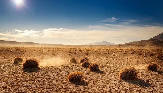 a dusty field on the outskirts of a city with tumbleweeds rolling across the ground the dry earth cracks under the sun
