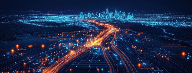 Obraz premium digital map showcasing optimized delivery routes with illuminated cityscape. vibrant lines represent traffic flow and connectivity, highlighting urban infrastructure