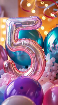 A vibrant display highlights a large pink number 5 surrounded by colorful balloons and decorations. The atmosphere is festive, perfect for a joyful birthday party celebration