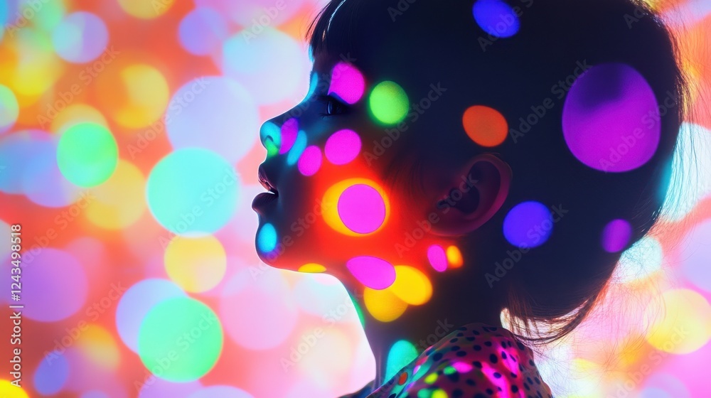 Fototapete child illuminated with colorful patterns in vibrant artistic display at playtime during evening hour