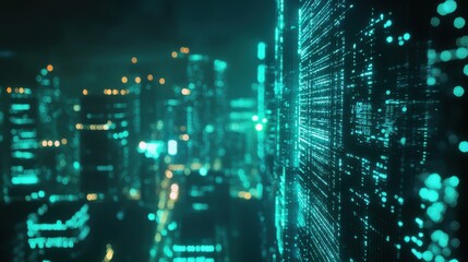 Obraz premium Vivid bokeh effect showcasing neon blue lights illuminating a bustling city at night